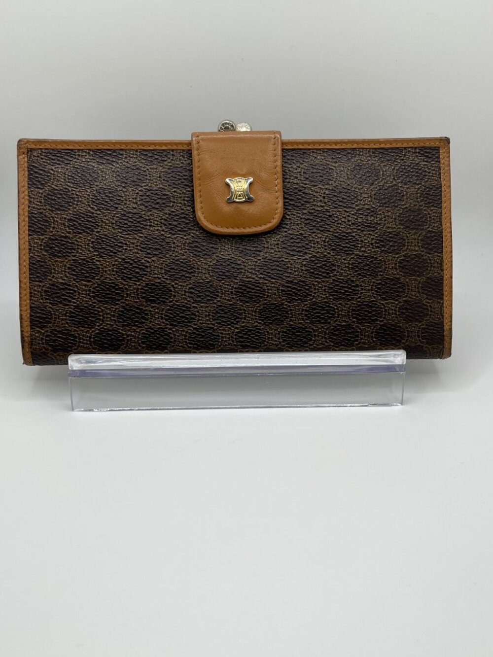 Vintage Celine Brown Macadam Kiss Lock Long Wallet